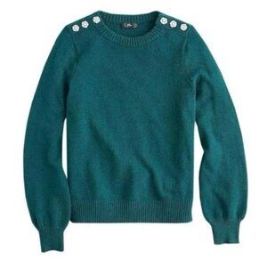 J Crew Womens Sweater Sz 3X Forest Green Crewneck Jeweled Buttons Wool Holiday